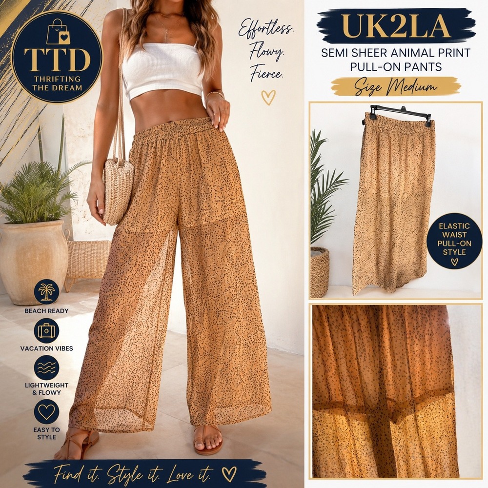 UK2LA Semi Sheer Animal Print Wide Leg Pull-On Pants Tan Brown Medium